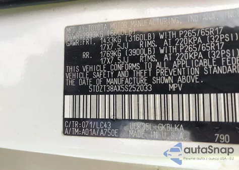 2005 Toyota Sequoia Limited V8 z USA, uszkodzony, nr VIN 5TDZT38AX5S252033